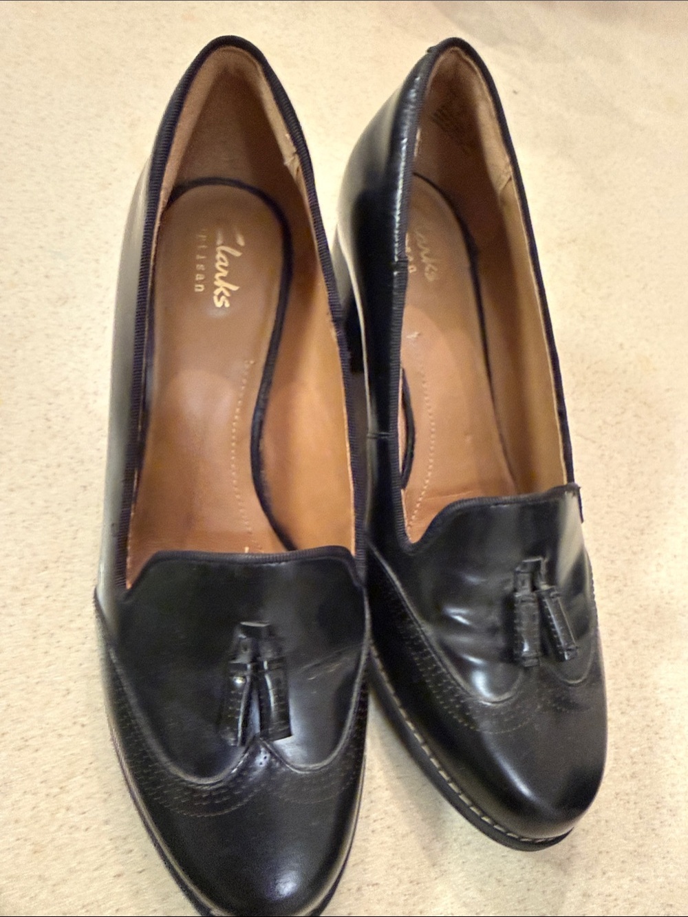 Clark’s Artisan 2.5 inch heel black  tassel shoes